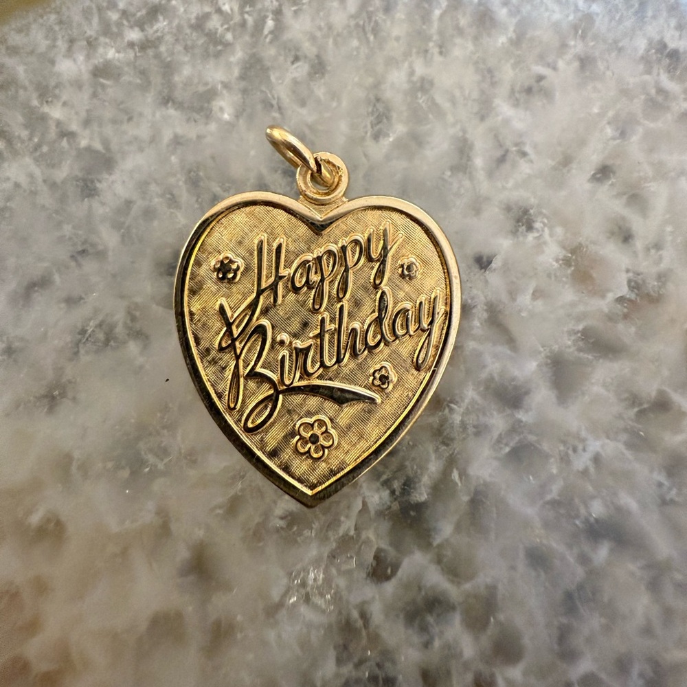 Vintage Gold Happy Birthday heart pendant 1" Guc
